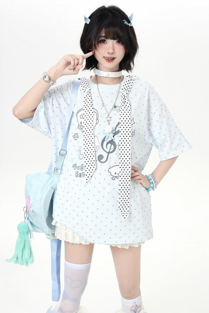 Cat Print Dot Tie Collar Loose T-shirt