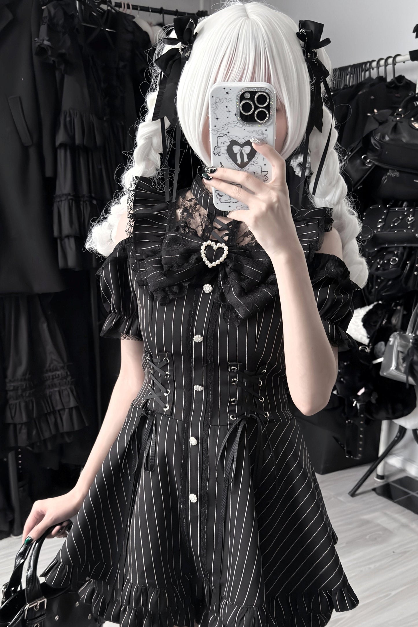 Black / Striped Gothic Lace Ribbon Dress Set