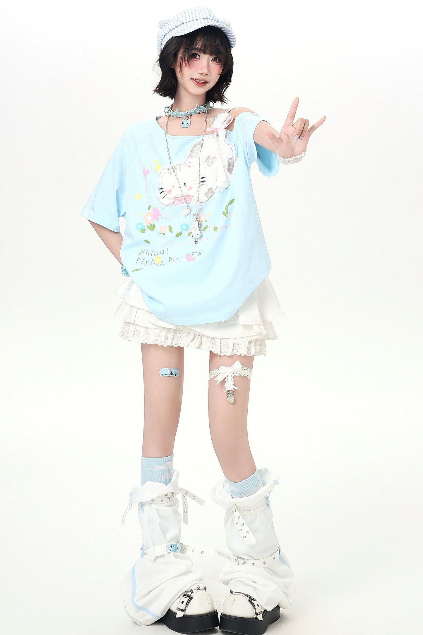 Sweet Cat Off-shoulder Strap Top