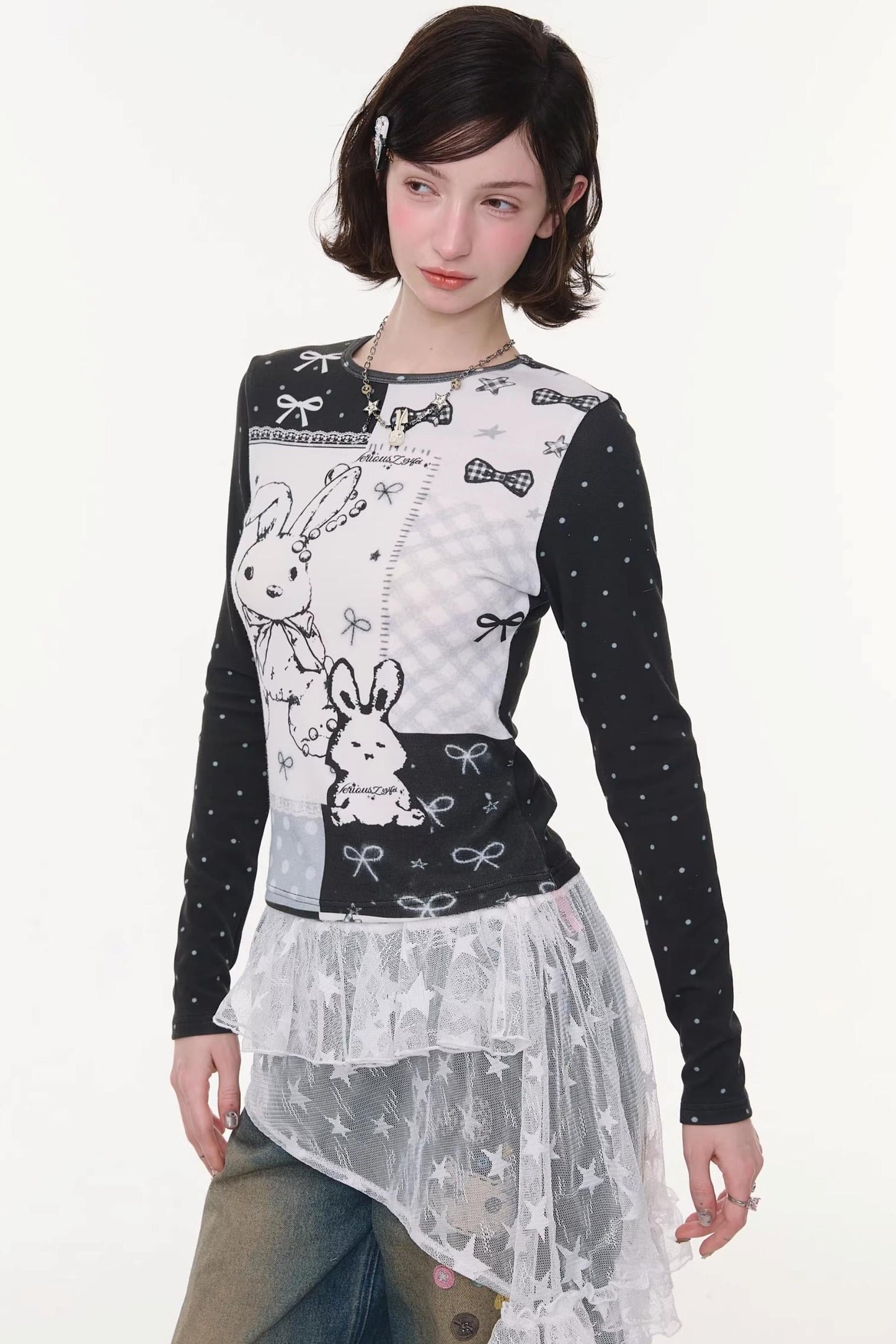Rabbit Print Collage Contrast Top