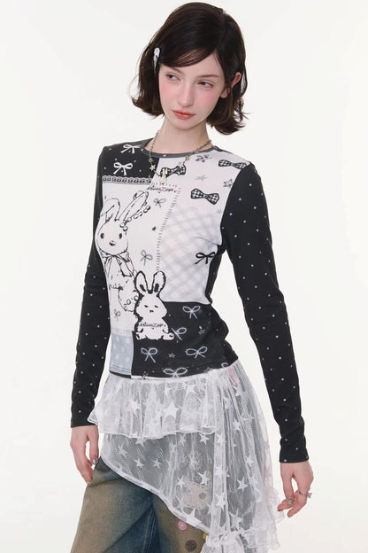 Rabbit Print Collage Contrast Top