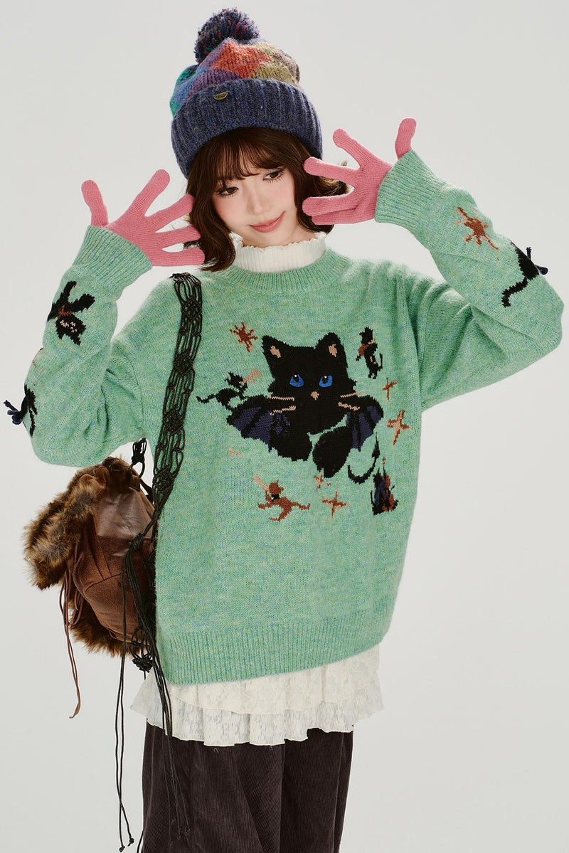 Cat Jacquard Retro Pullover Top