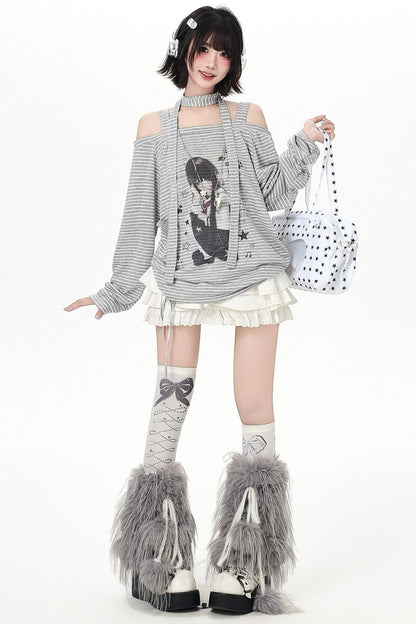 Stripe Off-shoulder Drawstring Loose Long T-shirt (with Stole)