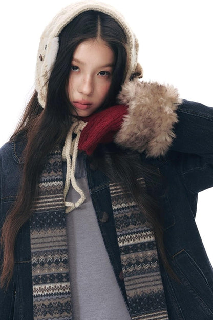 Fur Collar Denim Jacket + Skirt