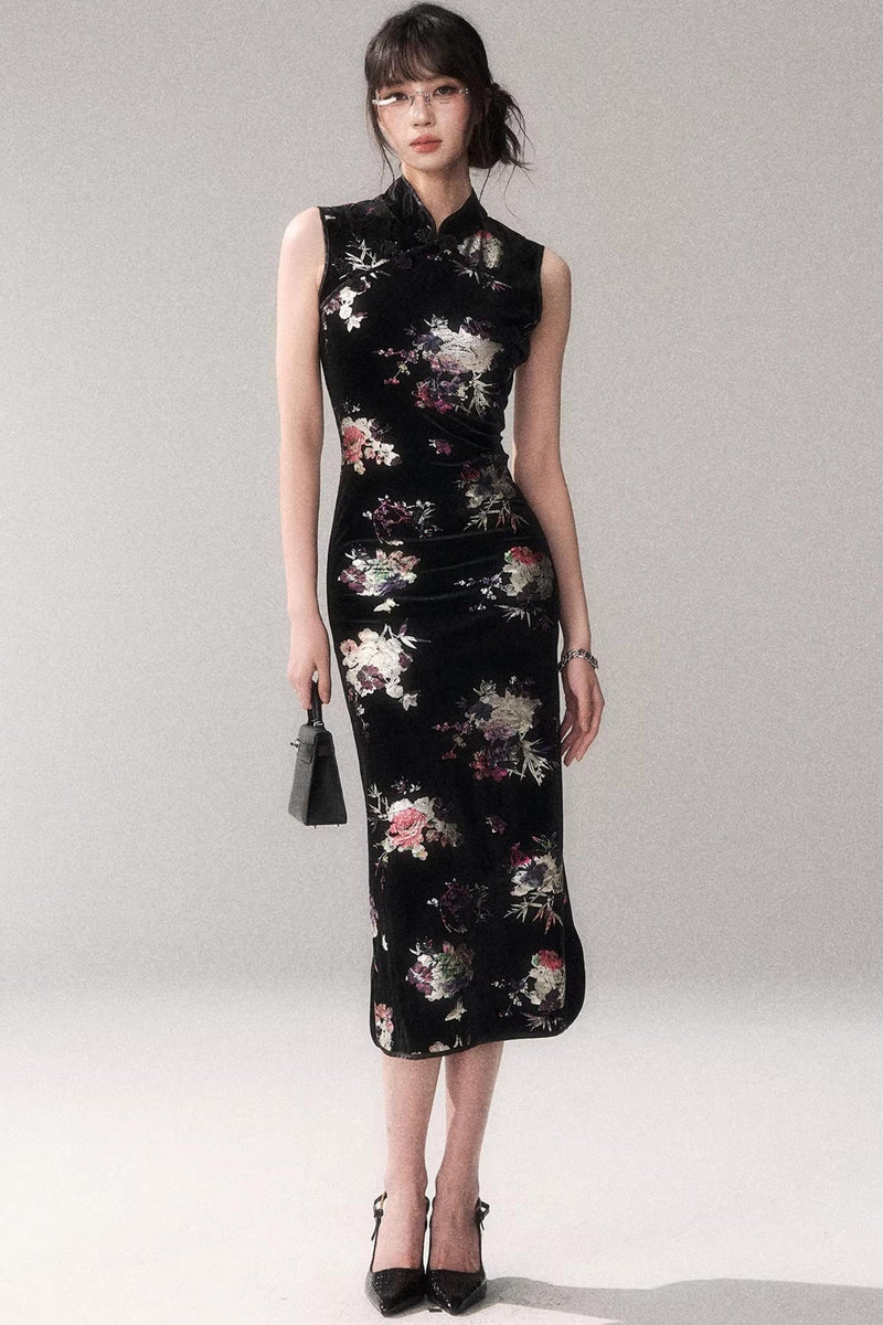 Gold Embellished Velvet Cheongsam Dress
