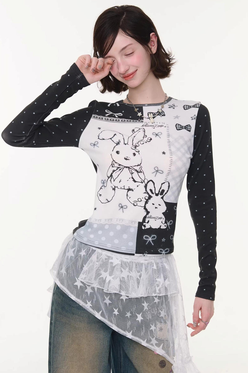 Rabbit Print Collage Contrast Top