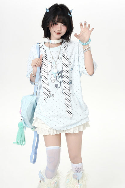 Cat Print Dot Tie Collar Loose T-shirt