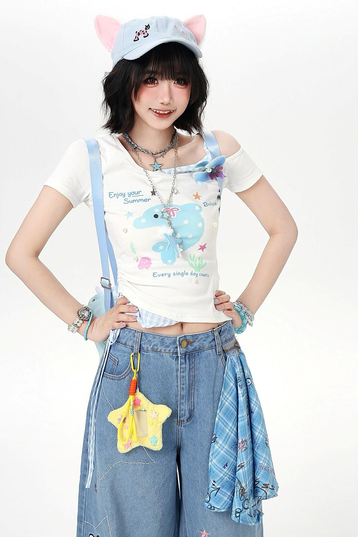 Off-shoulder Dolphin Summer Fake Two-piece Top