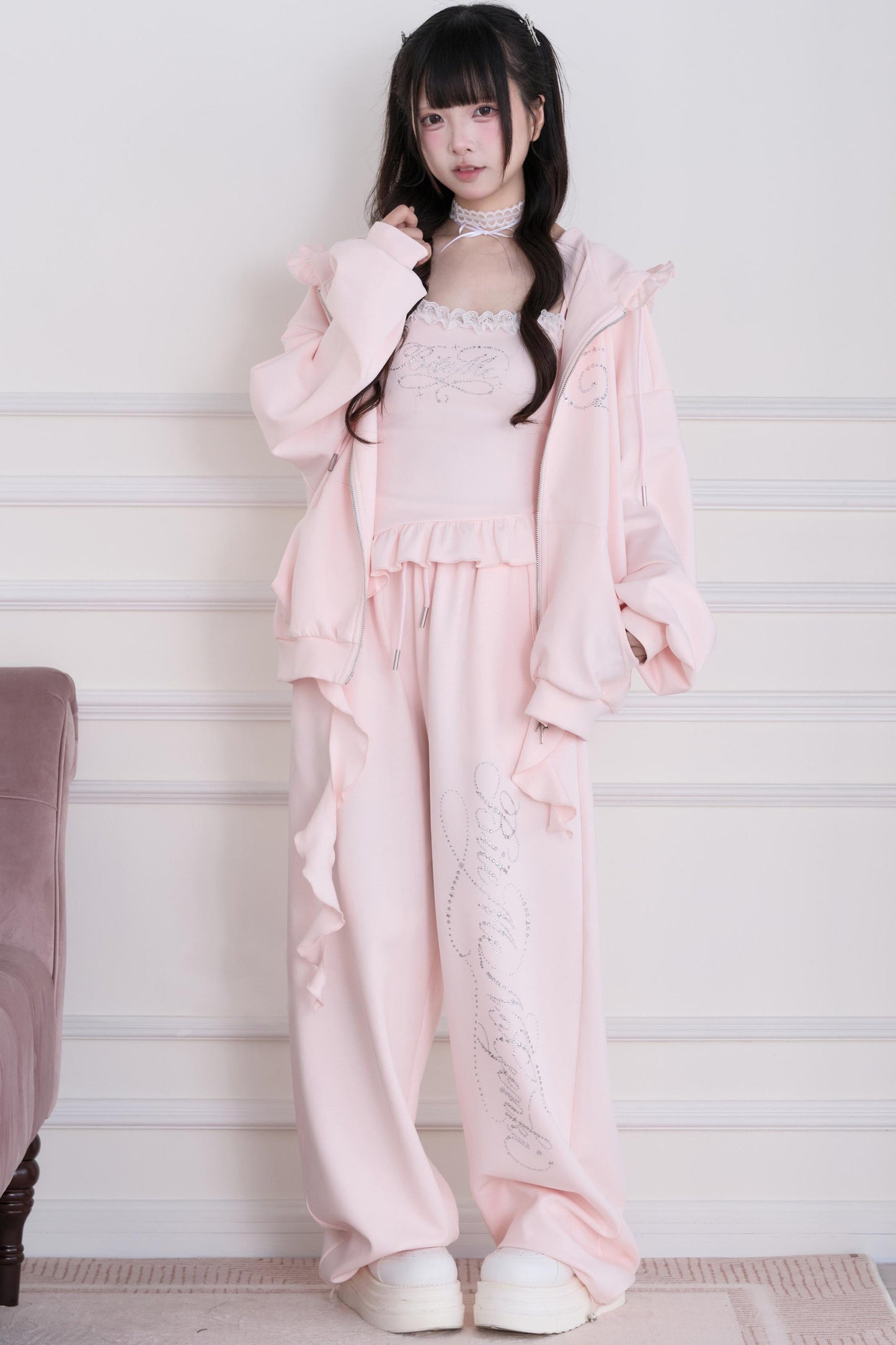 Lace Subculture Hooded Sweatshirt + Camisole + Shorts + Long Pants