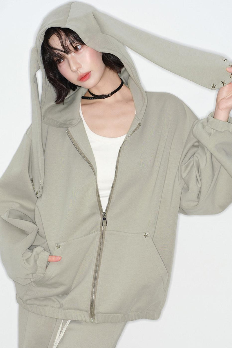 Rabbit Ears Hooded Cardigan + Straight Long Pants