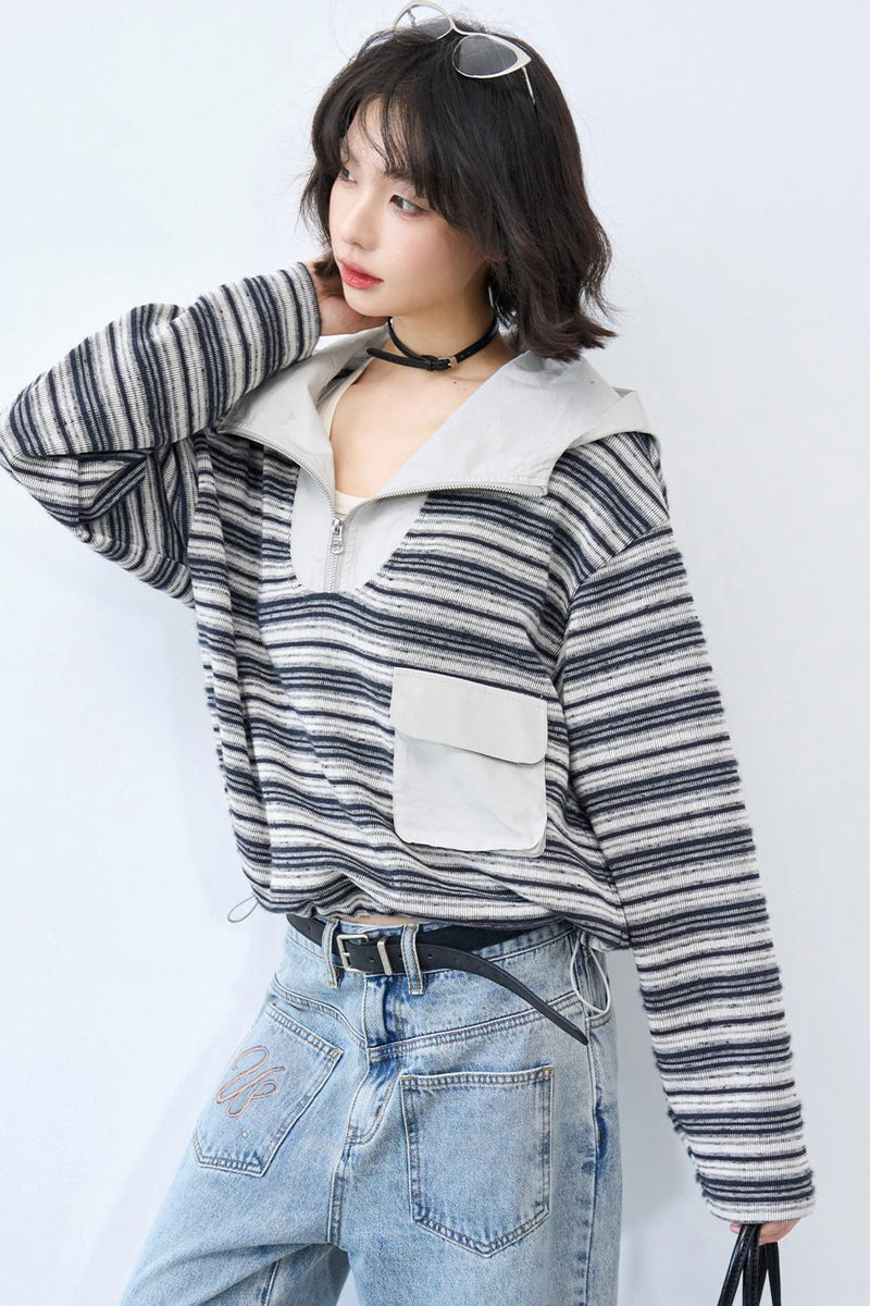 Striped Loose Hooded Cropped Top