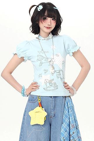 Starry Print Girly Puff Sleeve Top