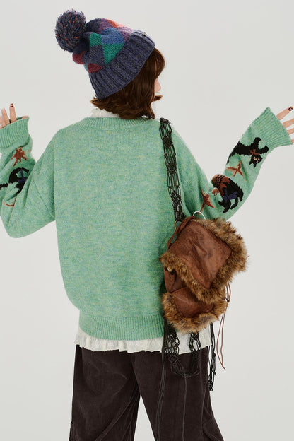 Cat Jacquard Retro Pullover Top