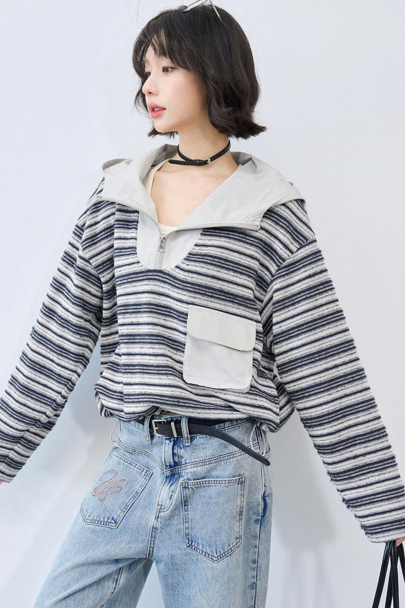 Striped Loose Hooded Cropped Top
