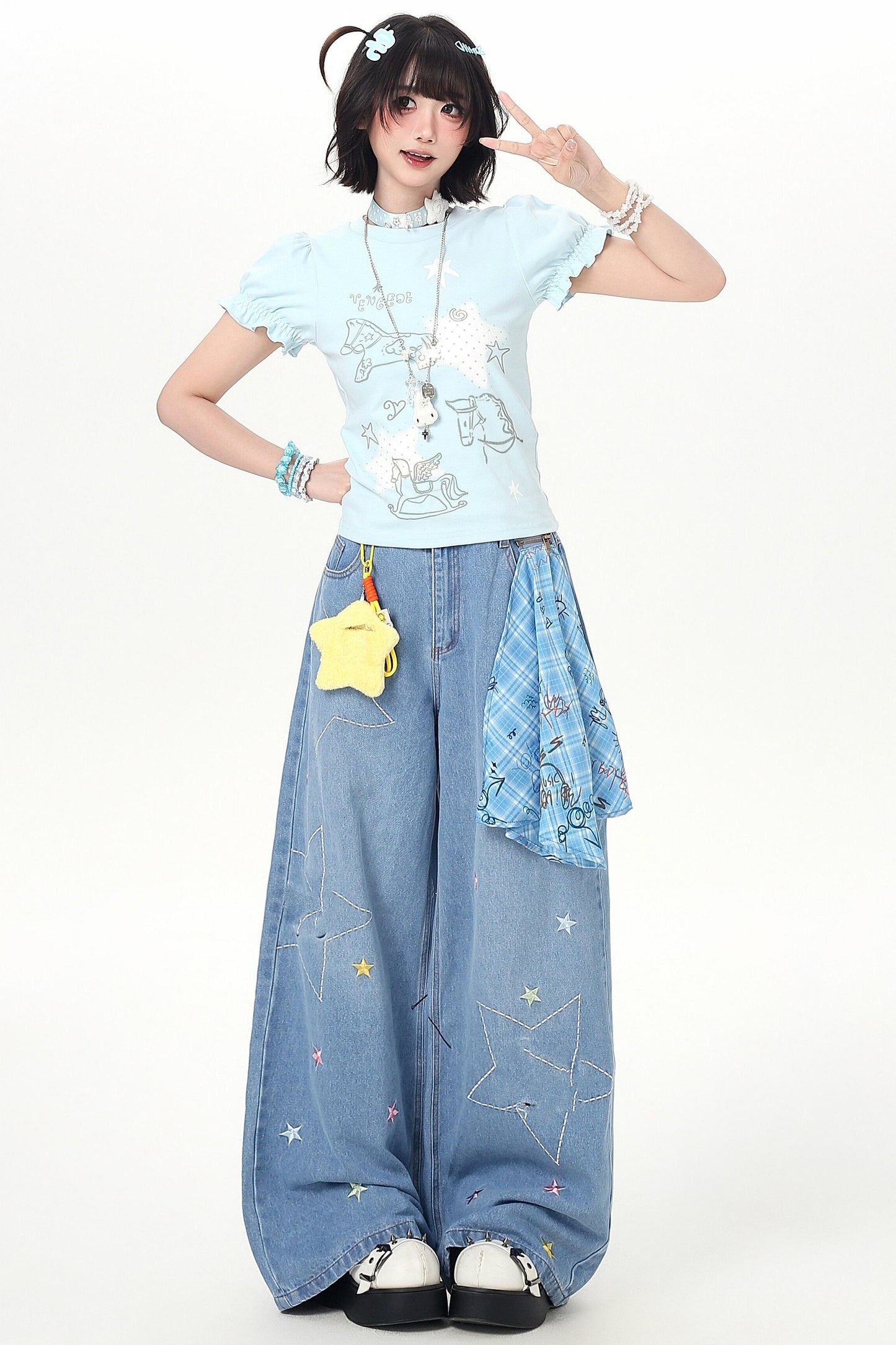 Starry Print Girly Puff Sleeve Top