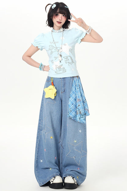 Starry Print Girly Puff Sleeve Top