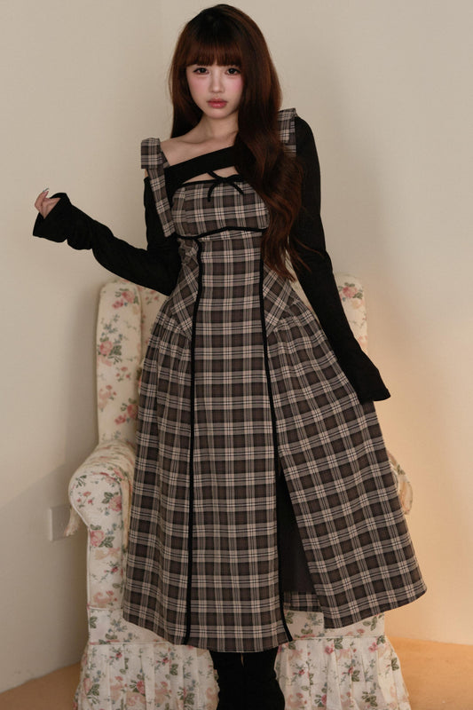 Black Top + Ribbon Shoulder Plaid Jsk Dress Set