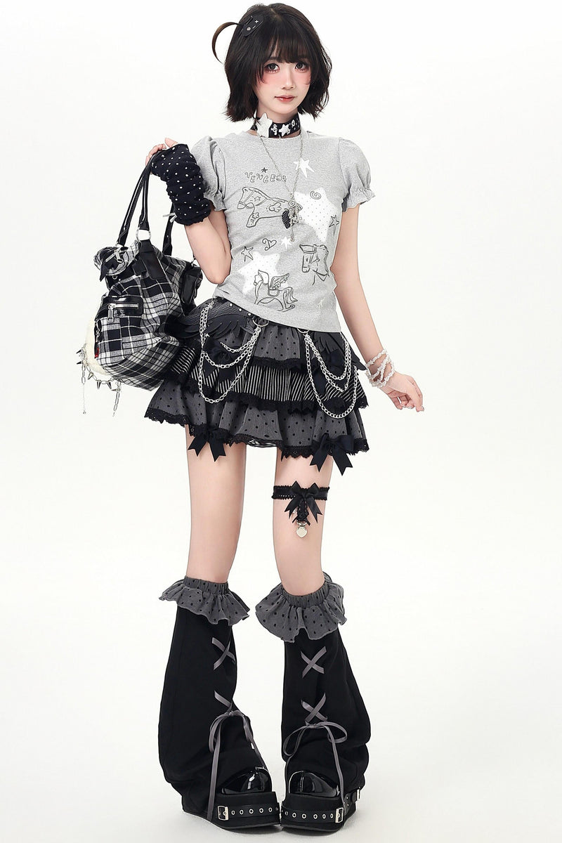 Starry Print Girly Puff Sleeve Top
