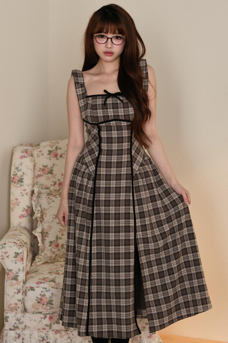 Black Top + Ribbon Shoulder Plaid Jsk Dress Set
