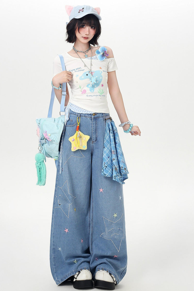 Off-shoulder Dolphin Summer Fake Two-piece Top