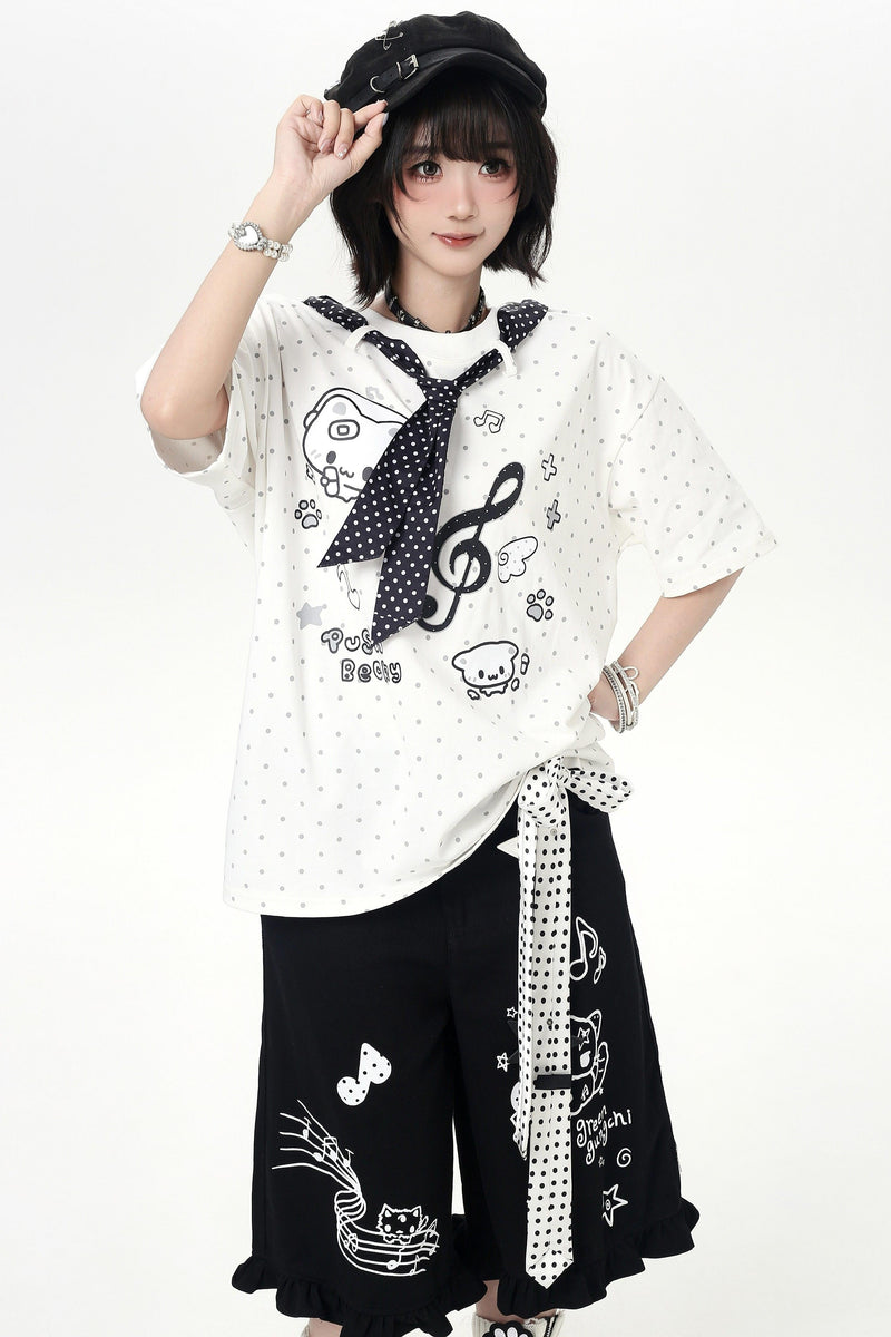 Cat Print Dot Tie Collar Loose T-shirt