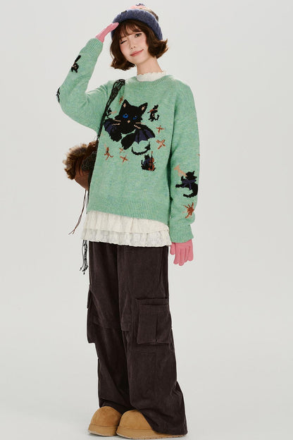 Cat Jacquard Retro Pullover Top