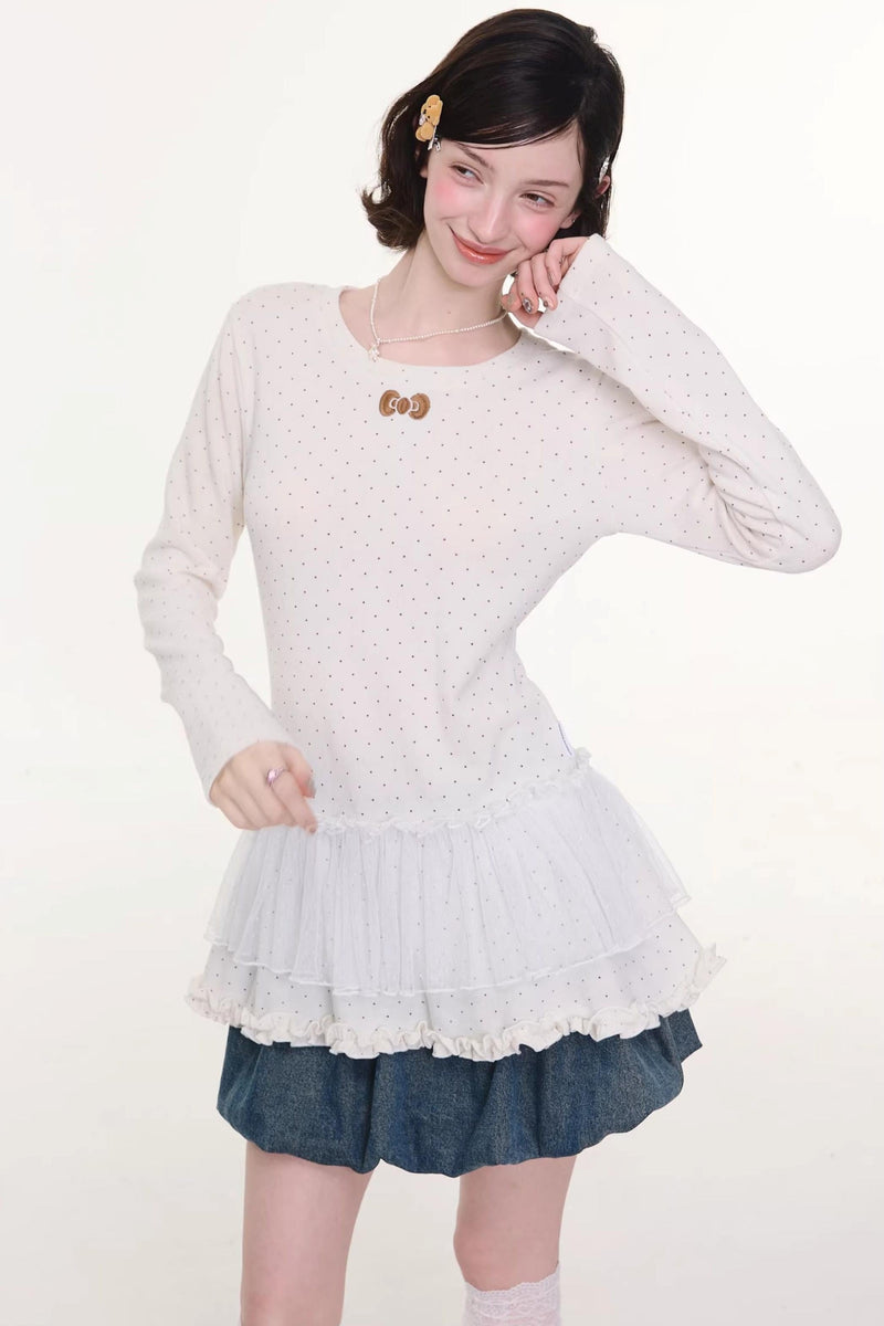 Lace Pleated Dot Top