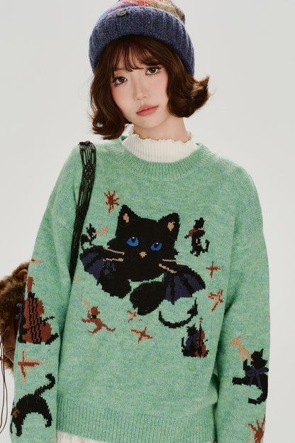 Cat Jacquard Retro Pullover Top