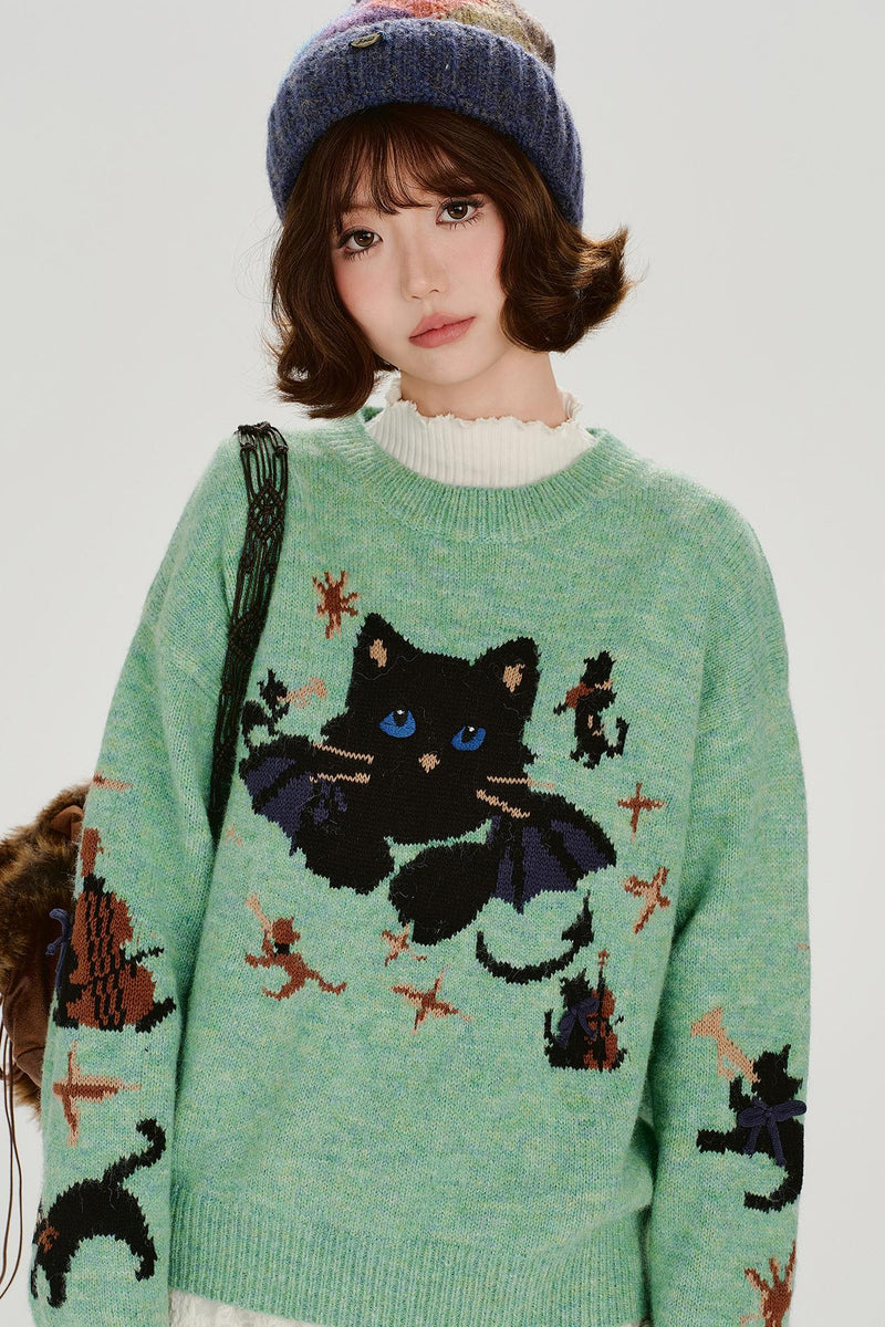 Cat Jacquard Retro Pullover Top