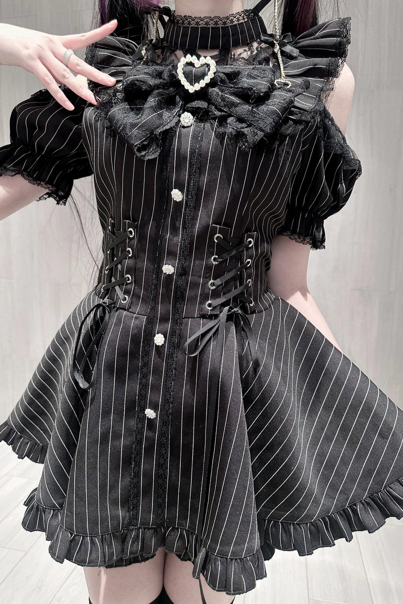 Black / Striped Gothic Lace Ribbon Dress Set