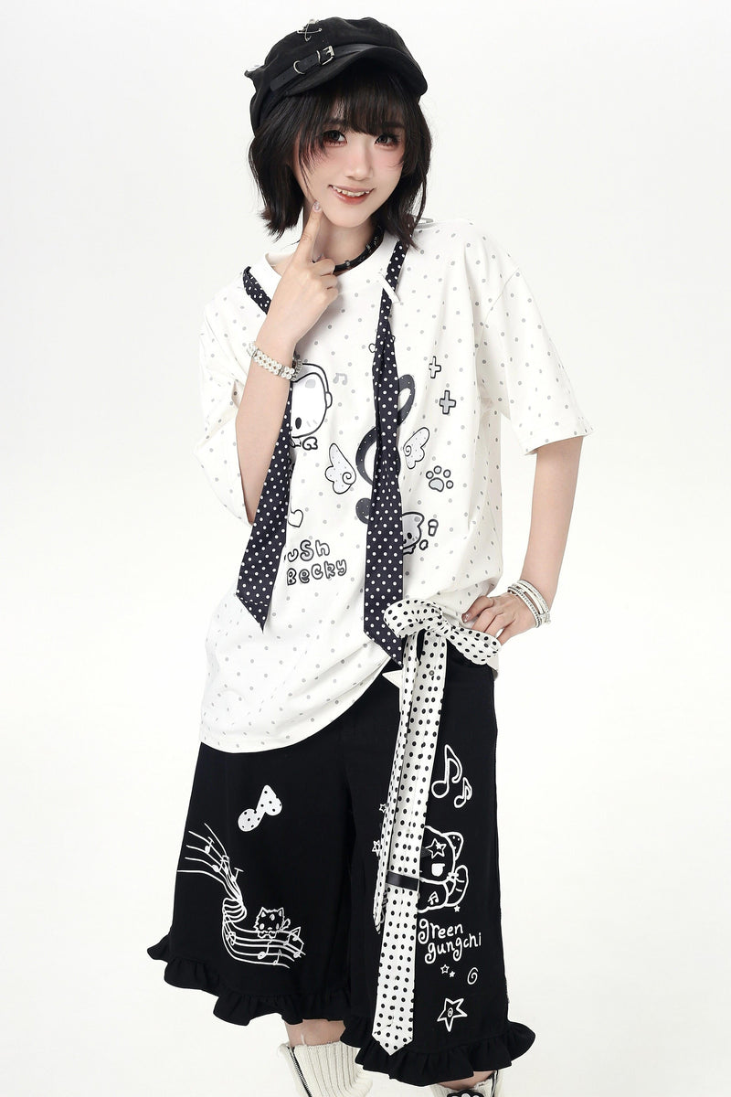 Cat Print Dot Tie Collar Loose T-shirt