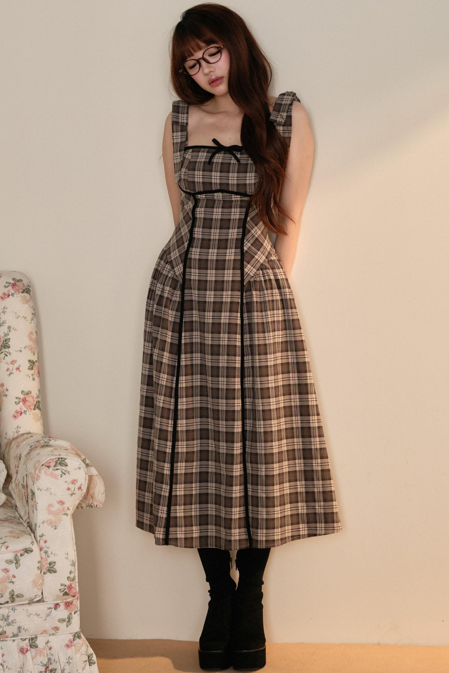 Black Top + Ribbon Shoulder Plaid Jsk Dress Set