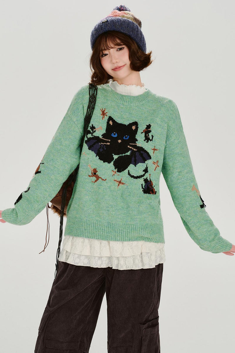 Cat Jacquard Retro Pullover Top