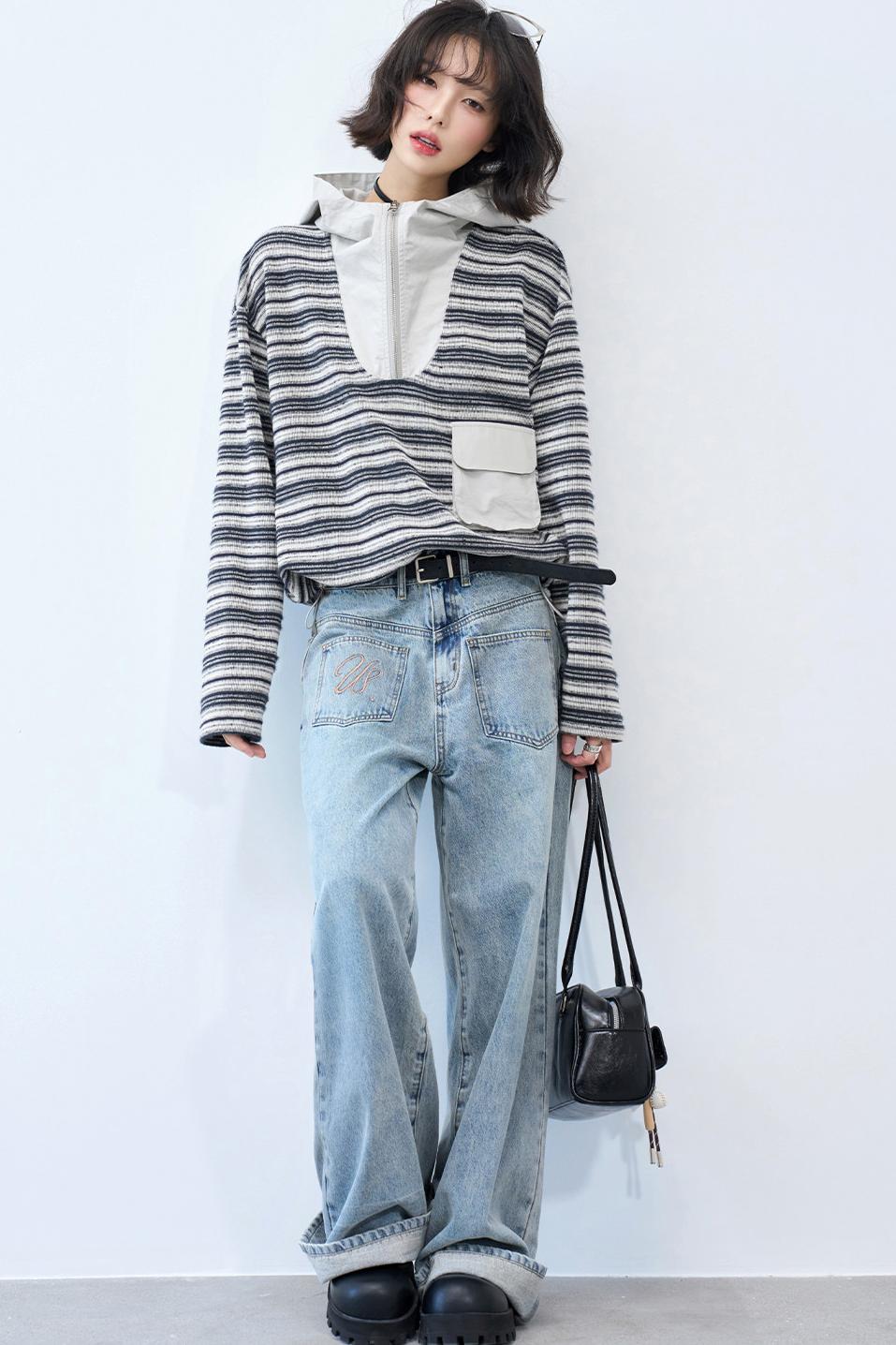 Striped Loose Hooded Cropped Top