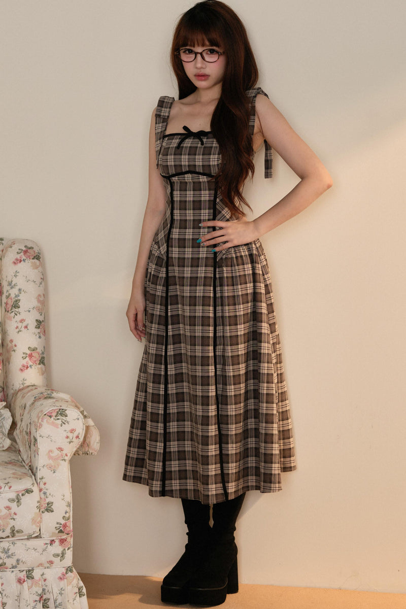 Black Top + Ribbon Shoulder Plaid Jsk Dress Set
