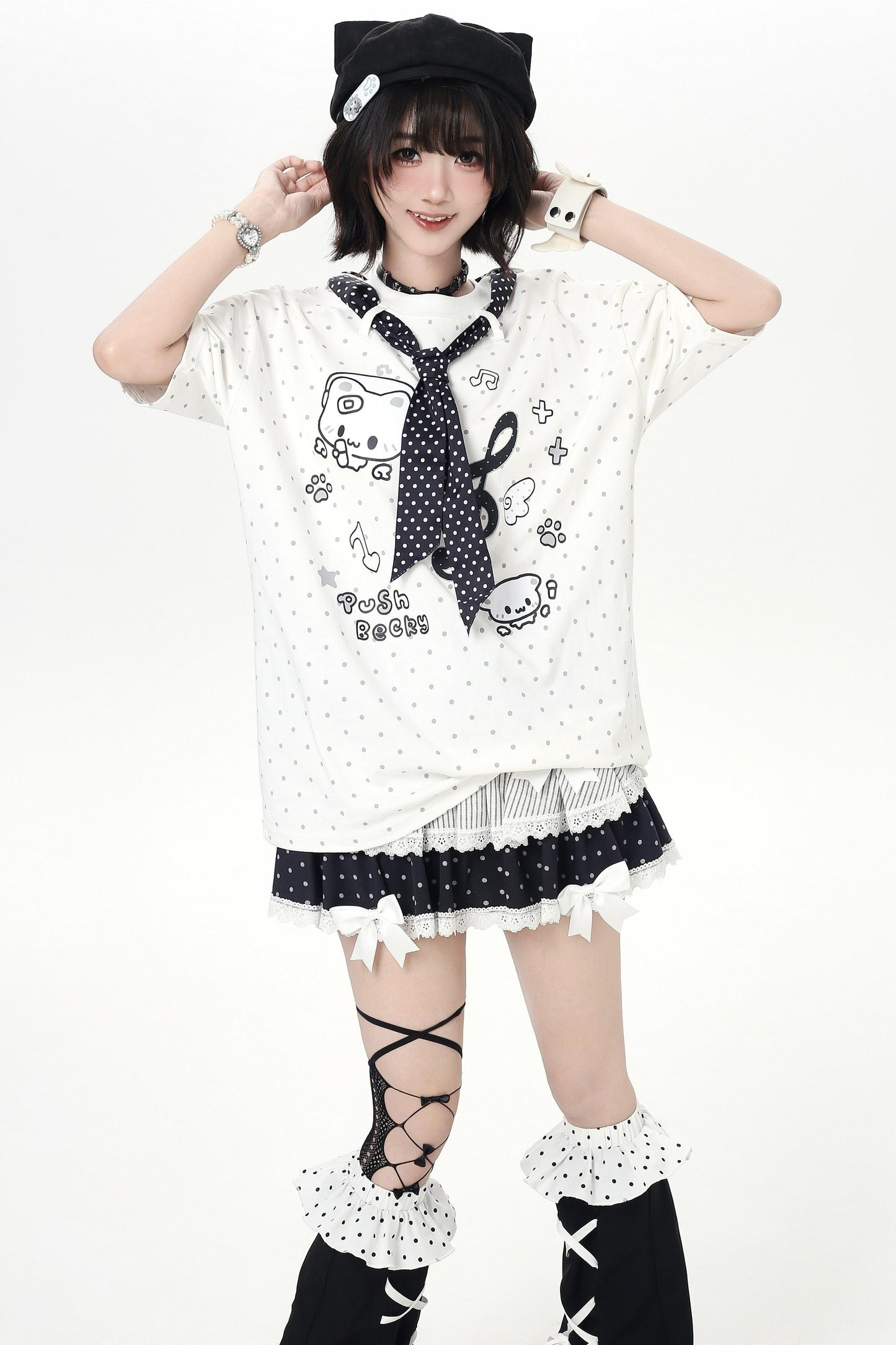 Cat Print Dot Tie Collar Loose T-shirt