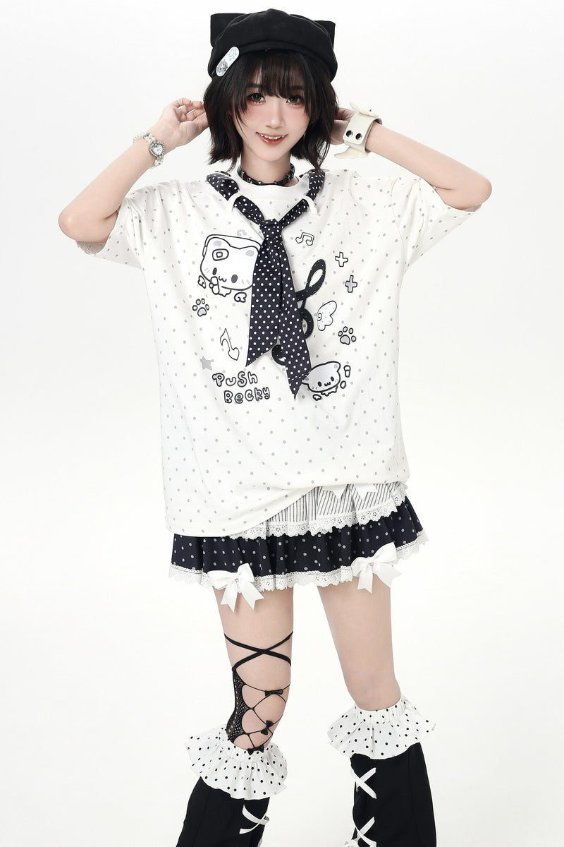 Cat Print Dot Tie Collar Loose T-shirt