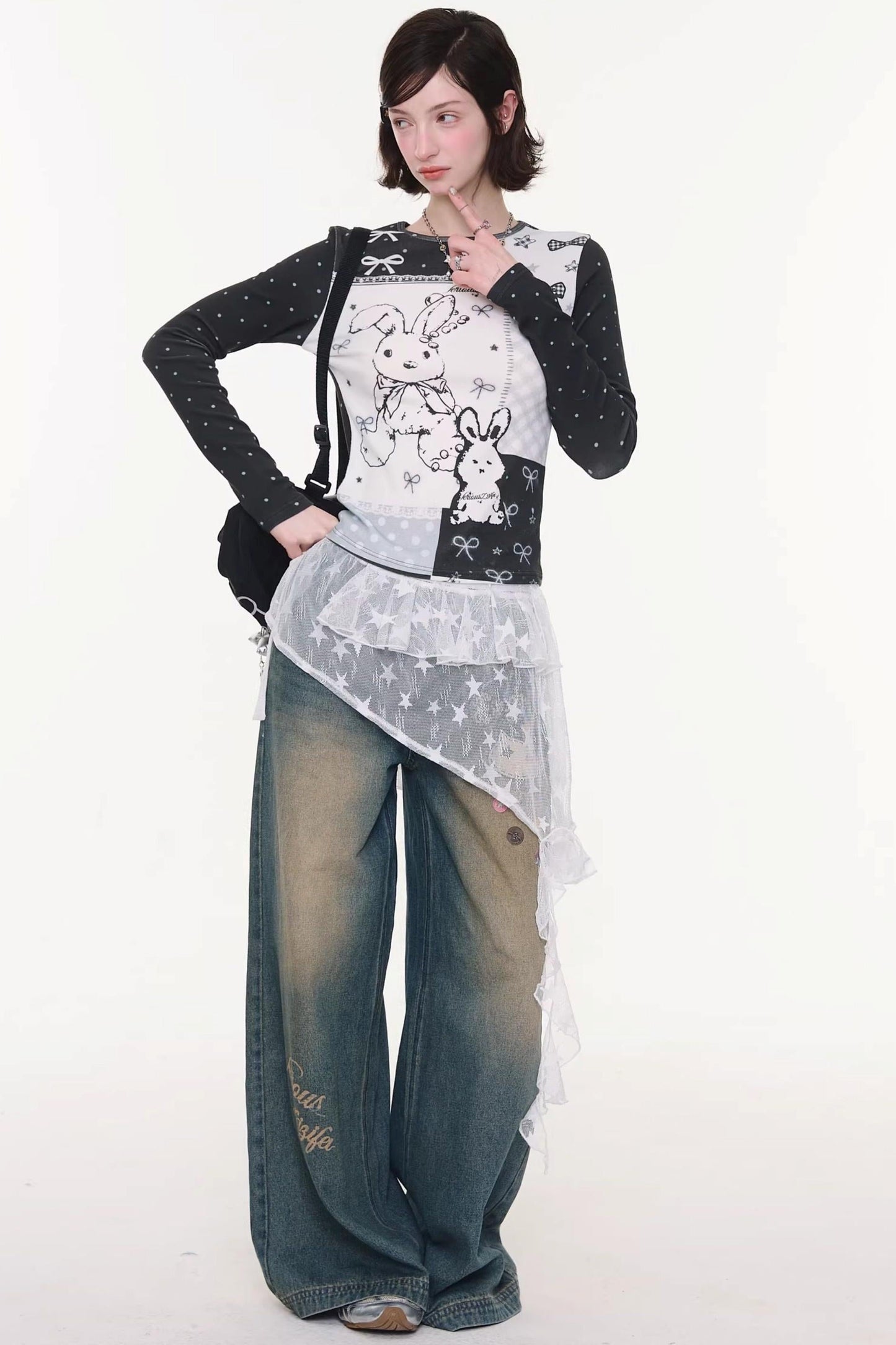 Rabbit Print Collage Contrast Top