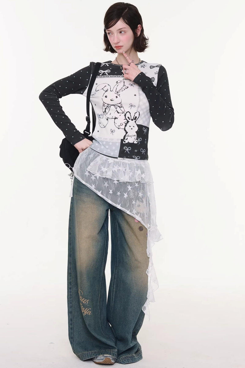Rabbit Print Collage Contrast Top