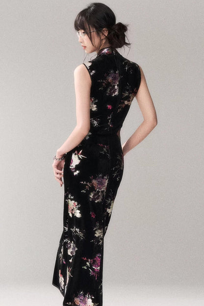 Gold Embellished Velvet Cheongsam Dress
