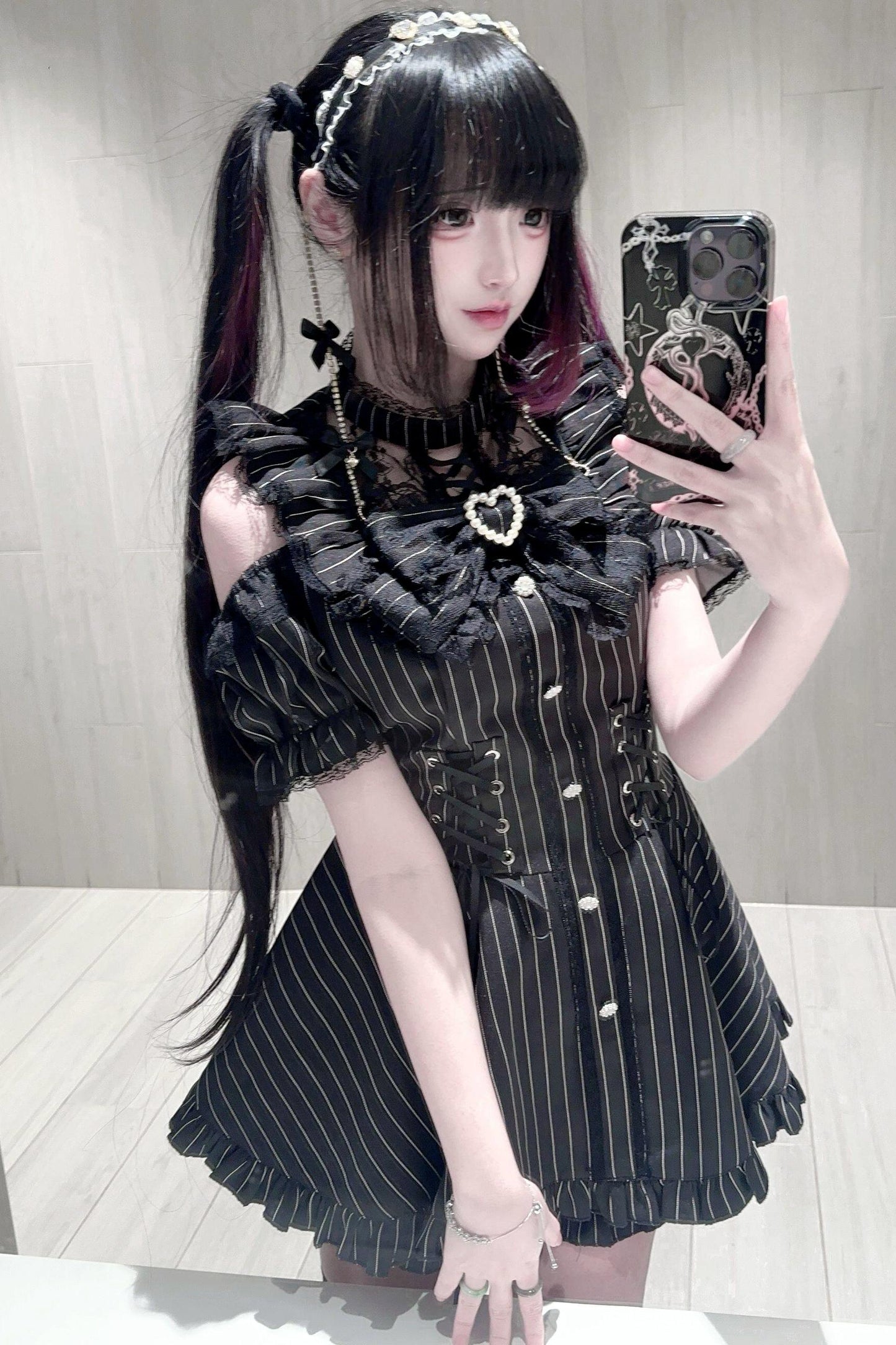 Black / Striped Gothic Lace Ribbon Dress Set