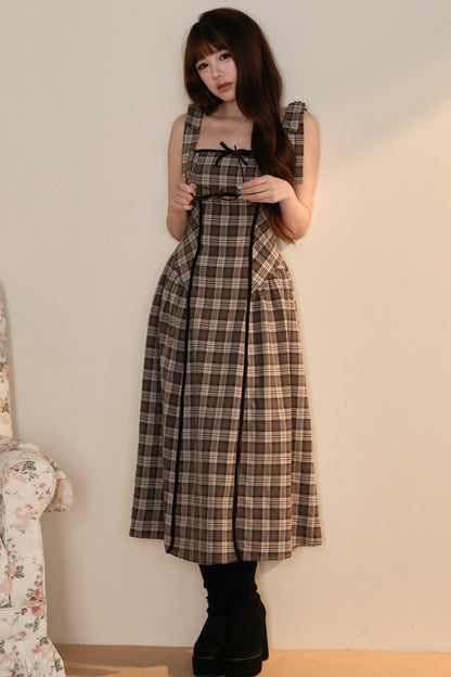 Black Top + Ribbon Shoulder Plaid Jsk Dress Set