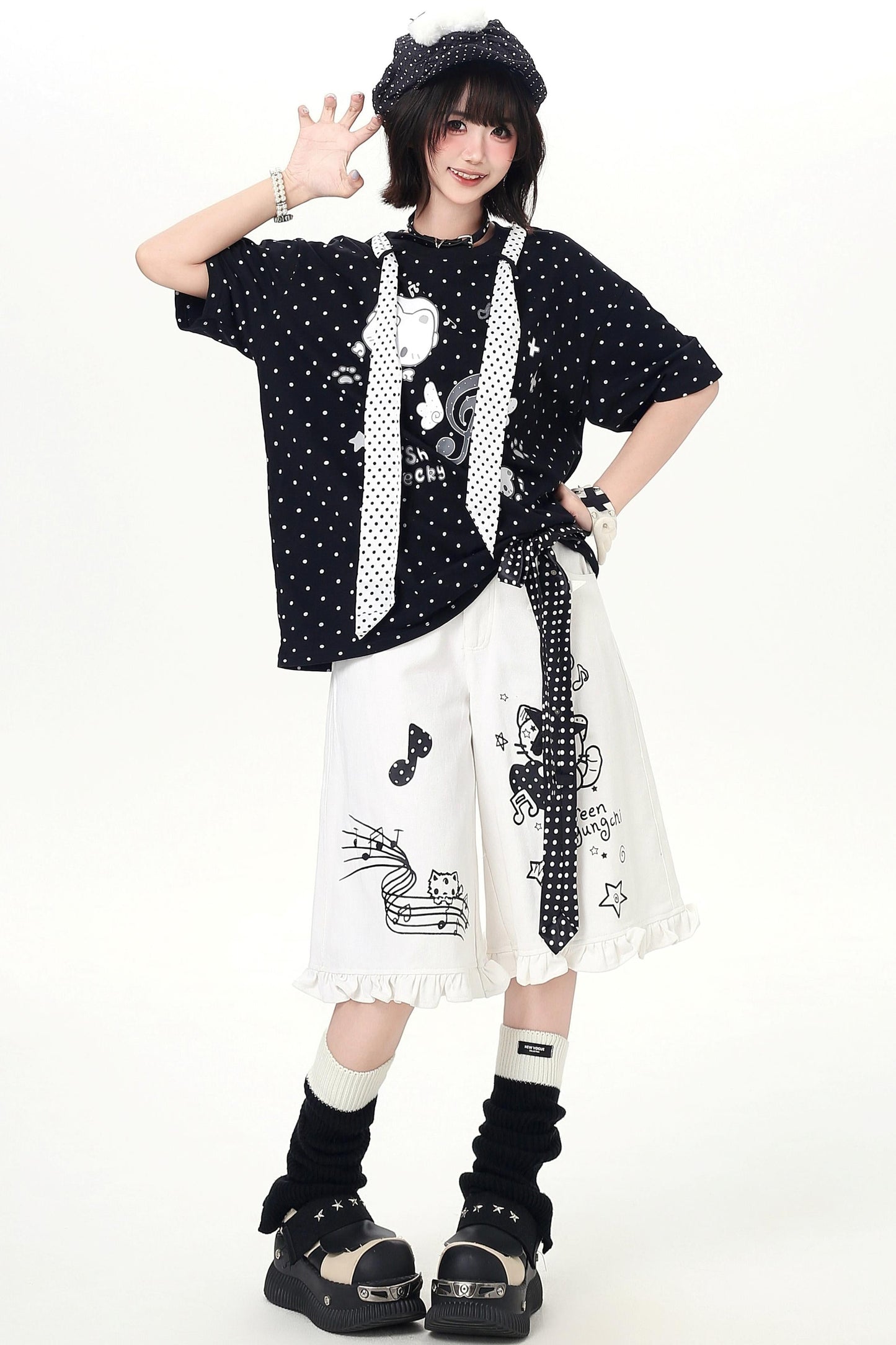 Cat Print Dot Tie Collar Loose T-shirt