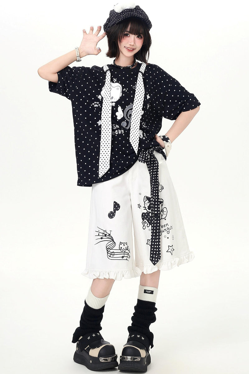 Cat Print Dot Tie Collar Loose T-shirt