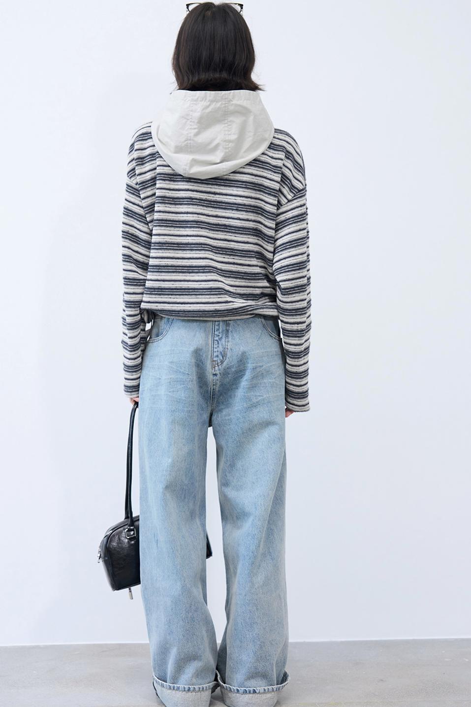 Striped Loose Hooded Cropped Top