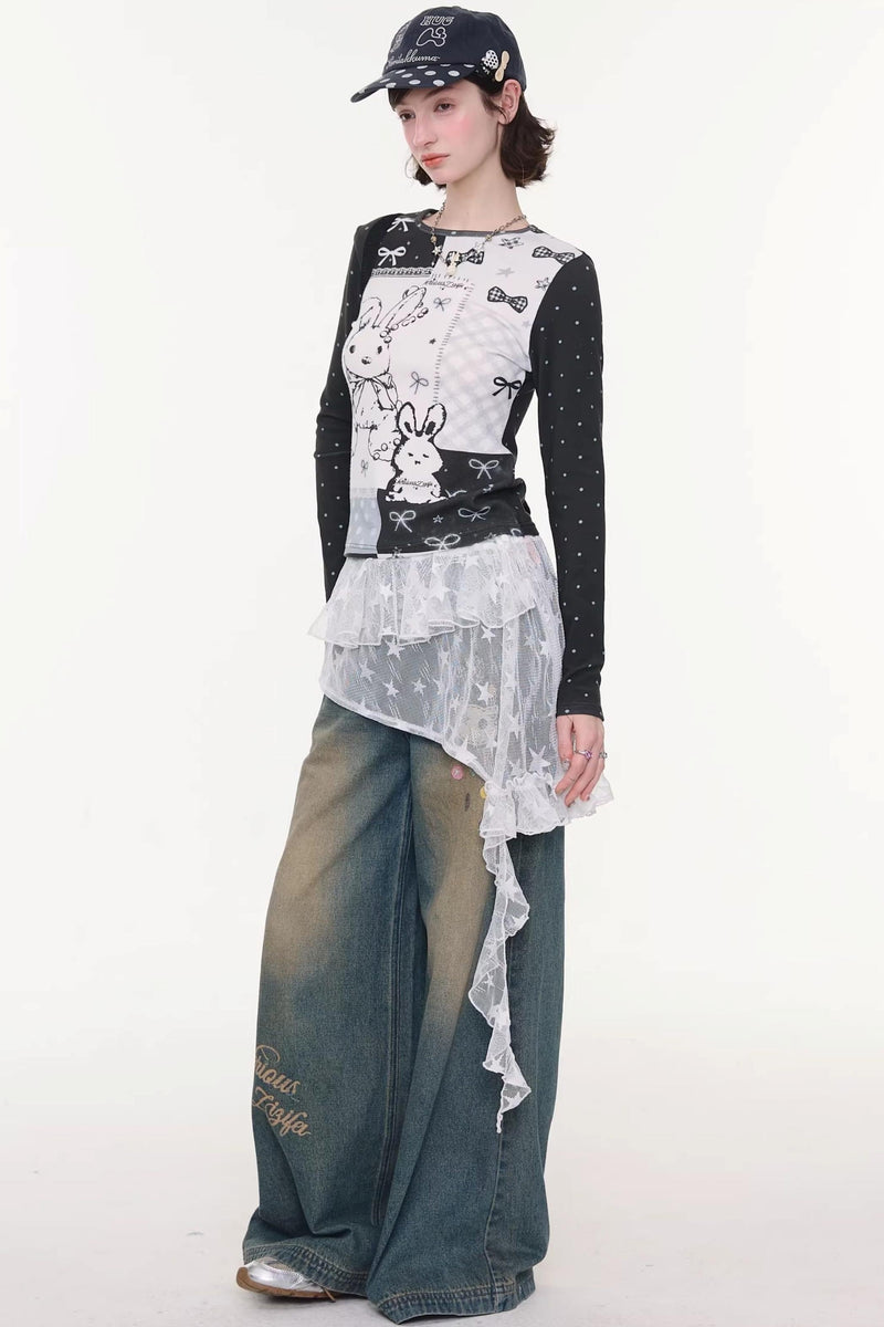 Rabbit Print Collage Contrast Top