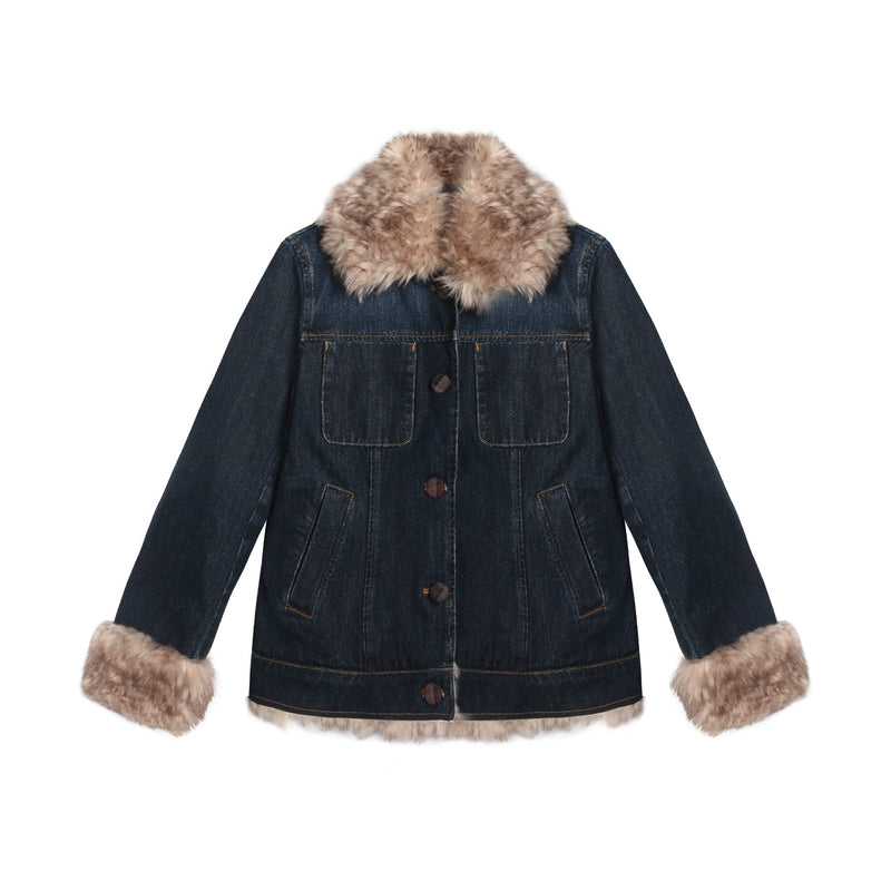 Fur Collar Denim Jacket + Skirt