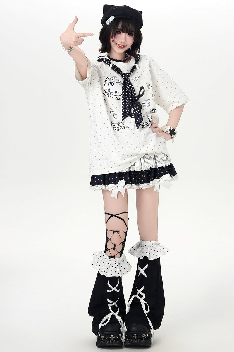 Cat Print Dot Tie Collar Loose T-shirt