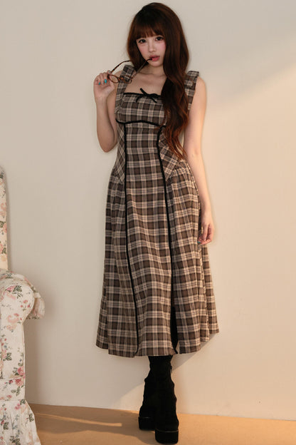 Black Top + Ribbon Shoulder Plaid Jsk Dress Set