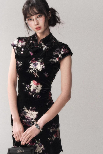 Gold Embellished Velvet Cheongsam Dress